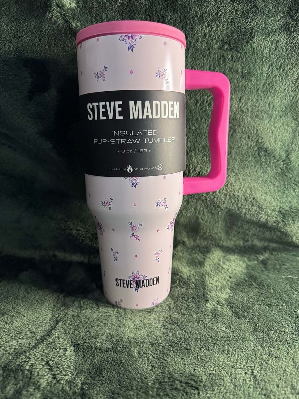 Steve Madden 40oz Insulated Flip-Straw Tumbler with Floral Print and Pink Handle